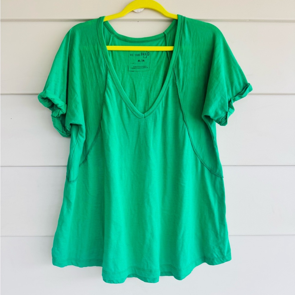 We the Free People Green V-neck Casual Cotton Oversized Tshirt M